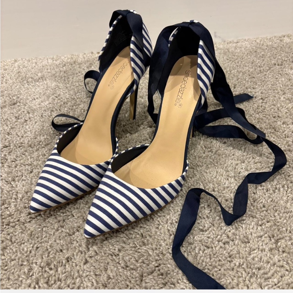Striped Navy and White Heels with Ribbon Tie